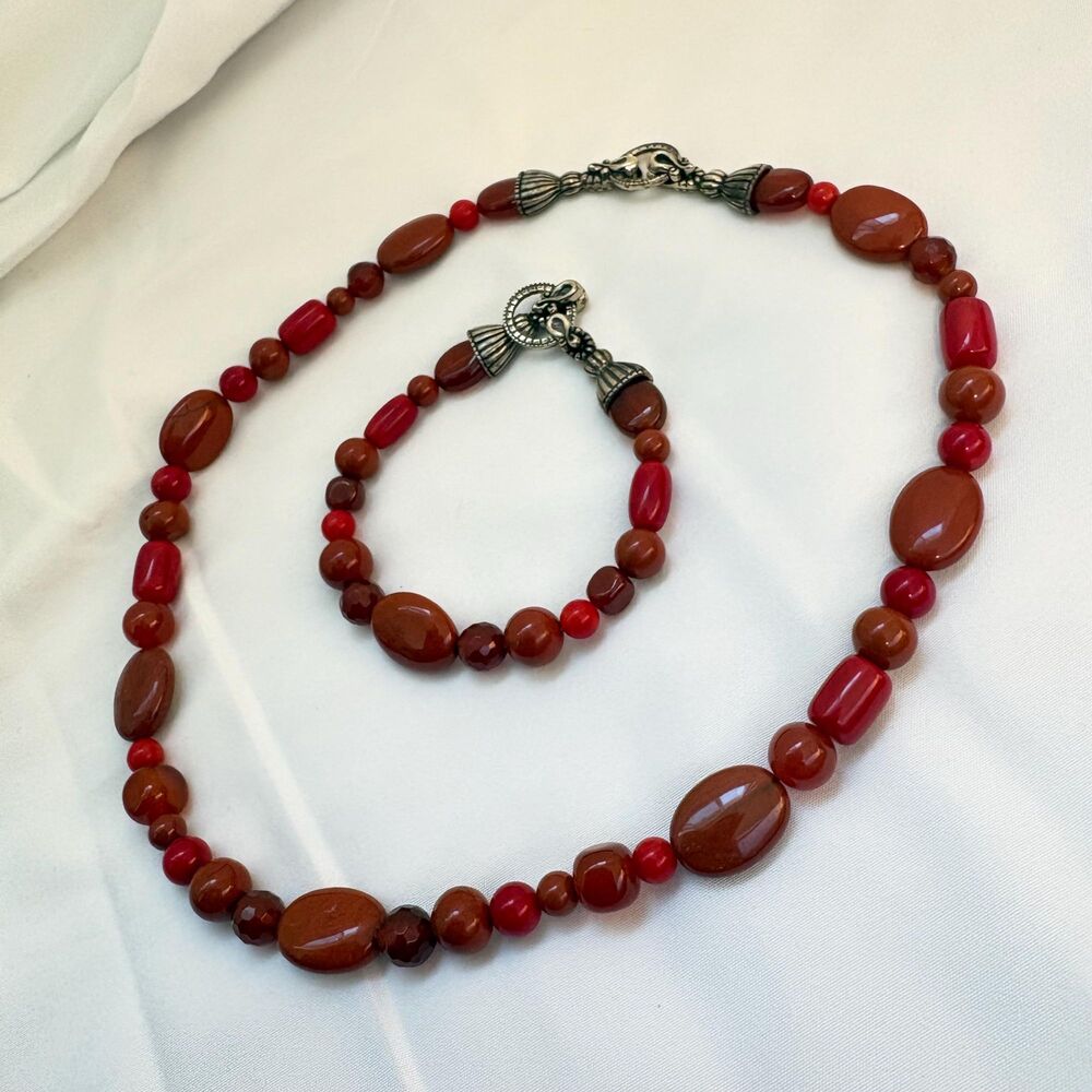 Vintage Red Brown Beaded Necklace Bracelet Set, Artisan Jewelry Boho